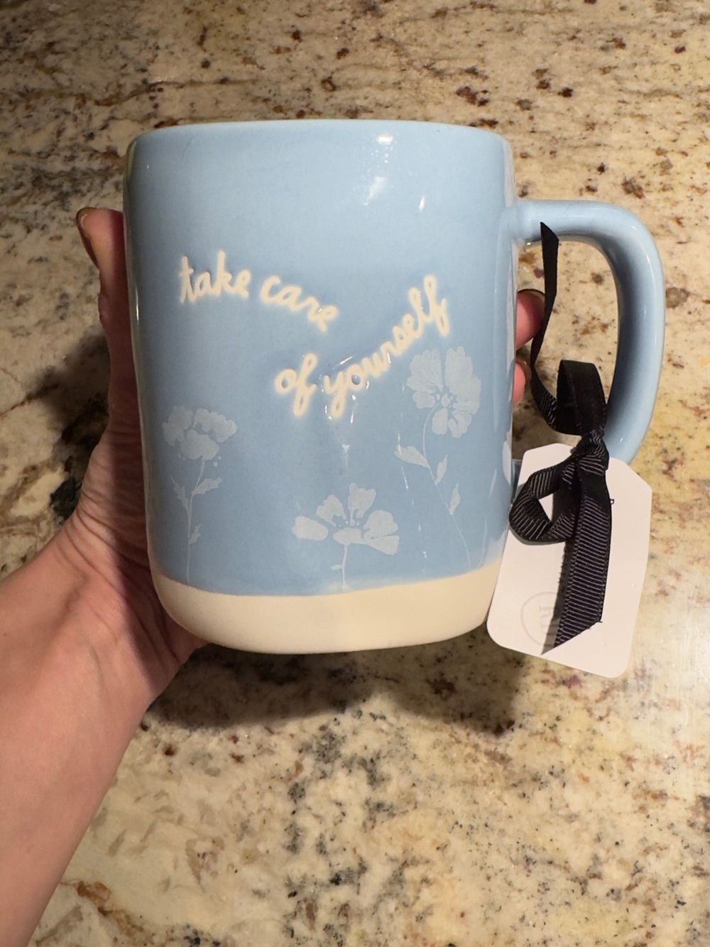 Rae Dunn Pale Blue Ceramic Mug with Cream Script and Floral Detail